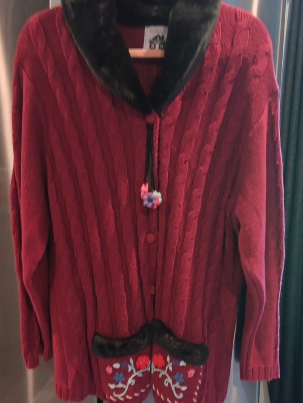Storybook Knits Red Cable Knit Cardigan with Black Faux Fur Trim